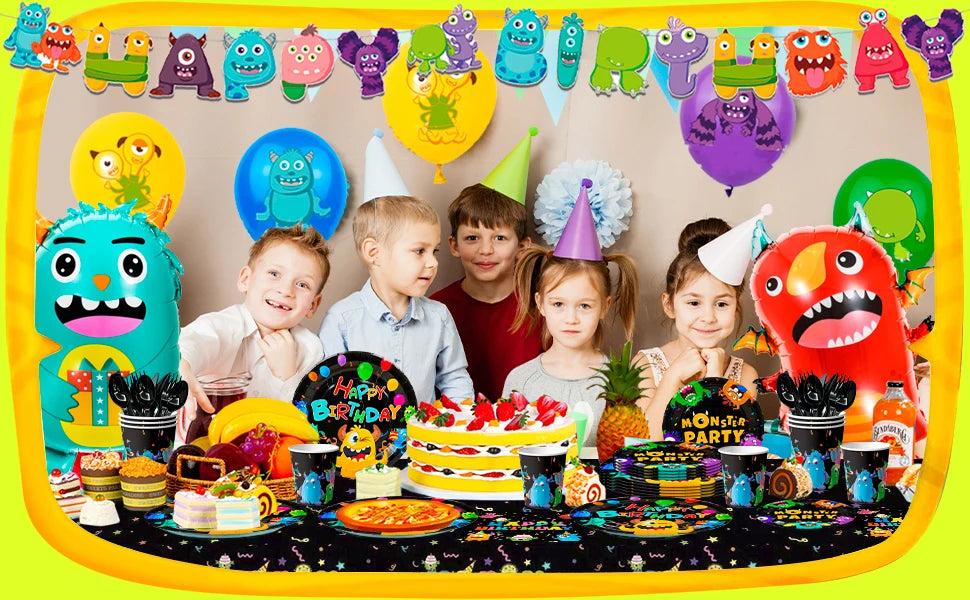 One-eyed monster Birthday Decorations,113 pcs One-eyed monster Party Supplies&Tableware Set-Plates Tablecloth Balloon Banner etc
