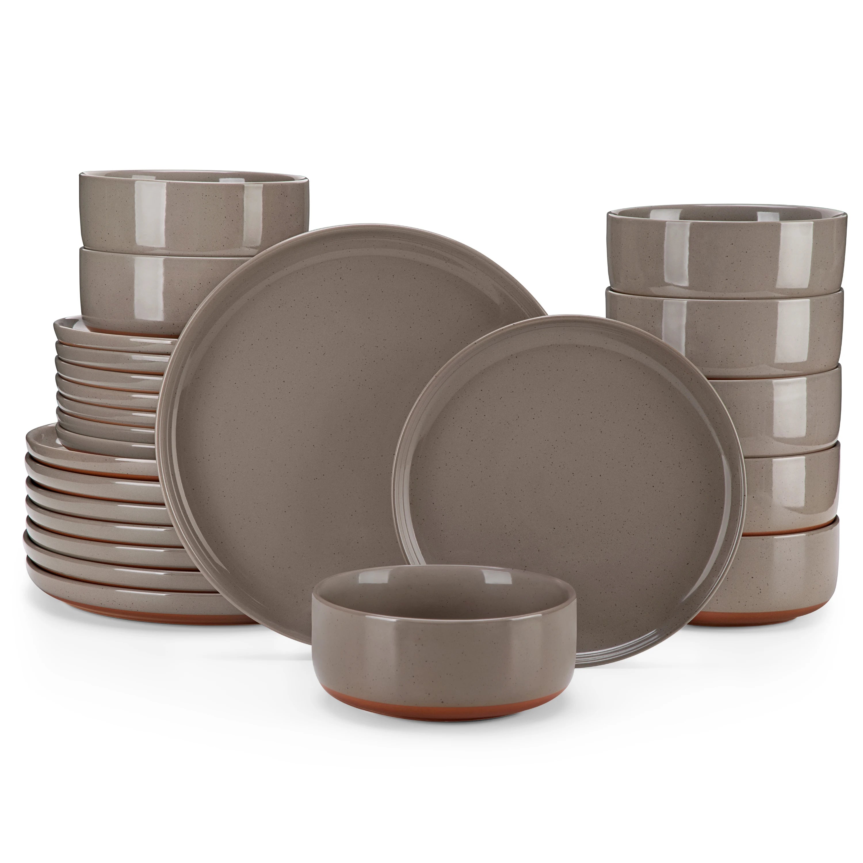 MALACASA TARA 12/24-teiliges Geschirrset, gebogener Rand, Sesamglasur, Steingut-Tellerset mit 4/6 Speisetellern/Desserttellern/Schalen