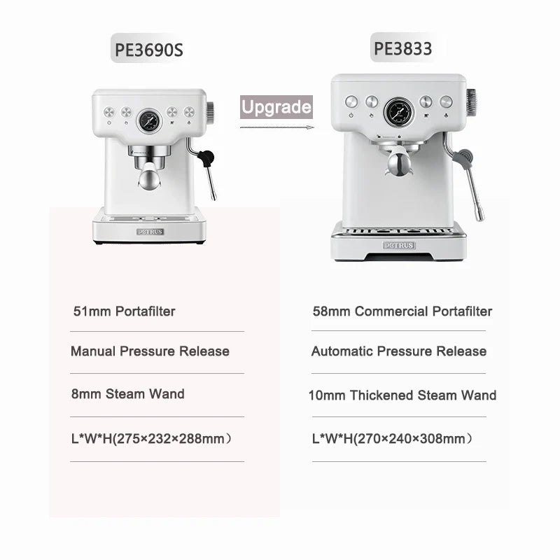 Petrus エスプレッソコーヒーマシン ステンレス製コーヒーメーカー 58mmポルタフィルター 商用スチームワンド ミルク泡立て器付き (220V)