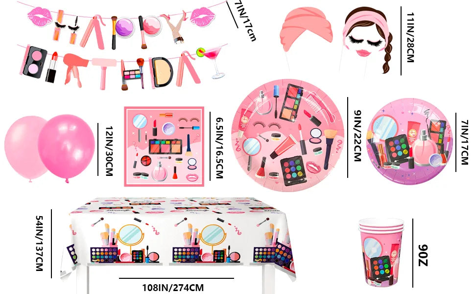 Make-up Birthday Party Supplies,103pcs Spa Party Decorations-Makeup Plates Banner Balloon etc Makeup Birthday Party Decorations