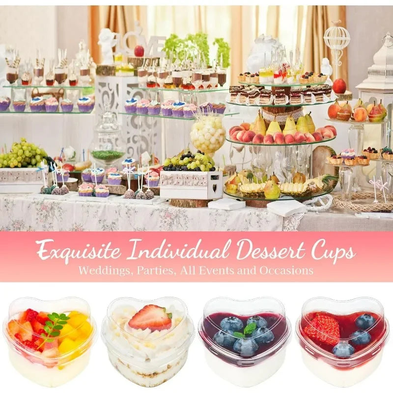 5/20x Disposable Plastic Cups with Lids Heart-shaped Clear Dessert Cup Pudding Container for Ice Cream Cake Fruit Yogurt Bowls