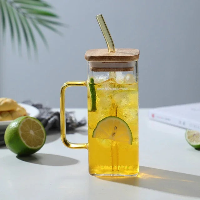 DecorBites 350ml Square Mug with Lid & Straw – Colored Handle Glass