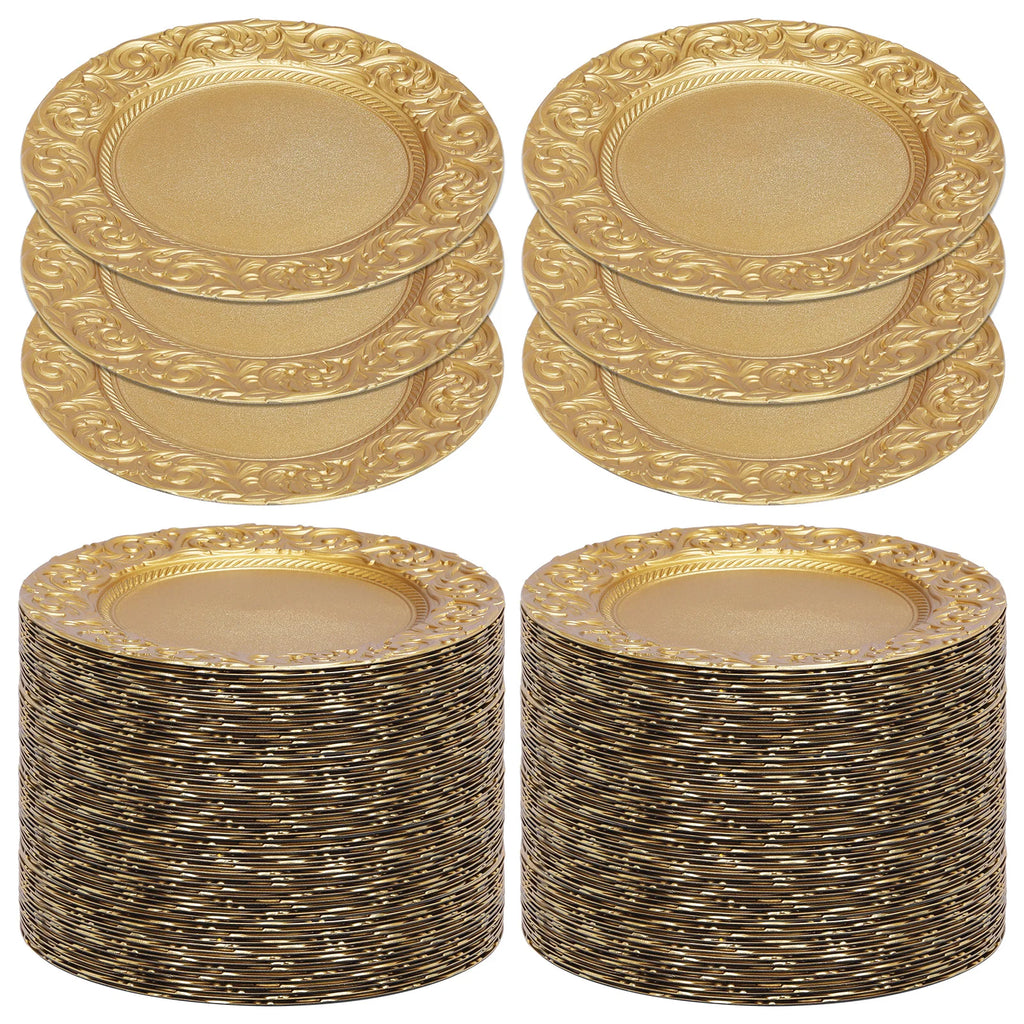 100 Pcs 13in Antique Charger Plates Bulk Plastic Decorative Service Plate with Embossed Rim for Dinner Wedding Party Event Table