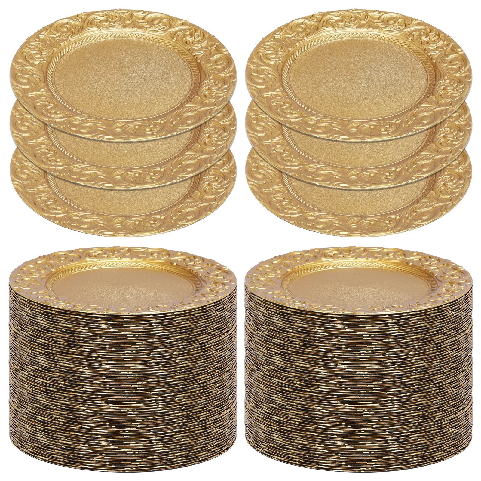 100 Pcs 13in Antique Charger Plates Bulk Plastic Decorative Service Plate with Embossed Rim for Dinner Wedding Party Event Table