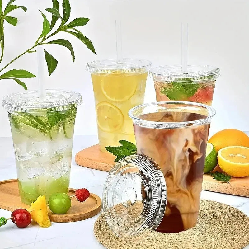 Plastic Disposable Cups with Lid Clear Cold Drink Containers for Fruit Juice Milk Tea Iced Coffee Ice Cream Dessert Party Café