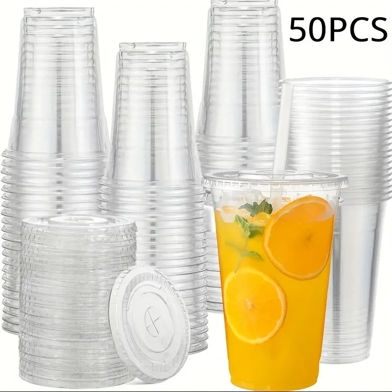 50pcs/Set 12/16OZ Plastic Cups With Lids Disposable Cups For Iced Coffee Smoothie Milkshake Cold Drinks Birthday Party Supplies