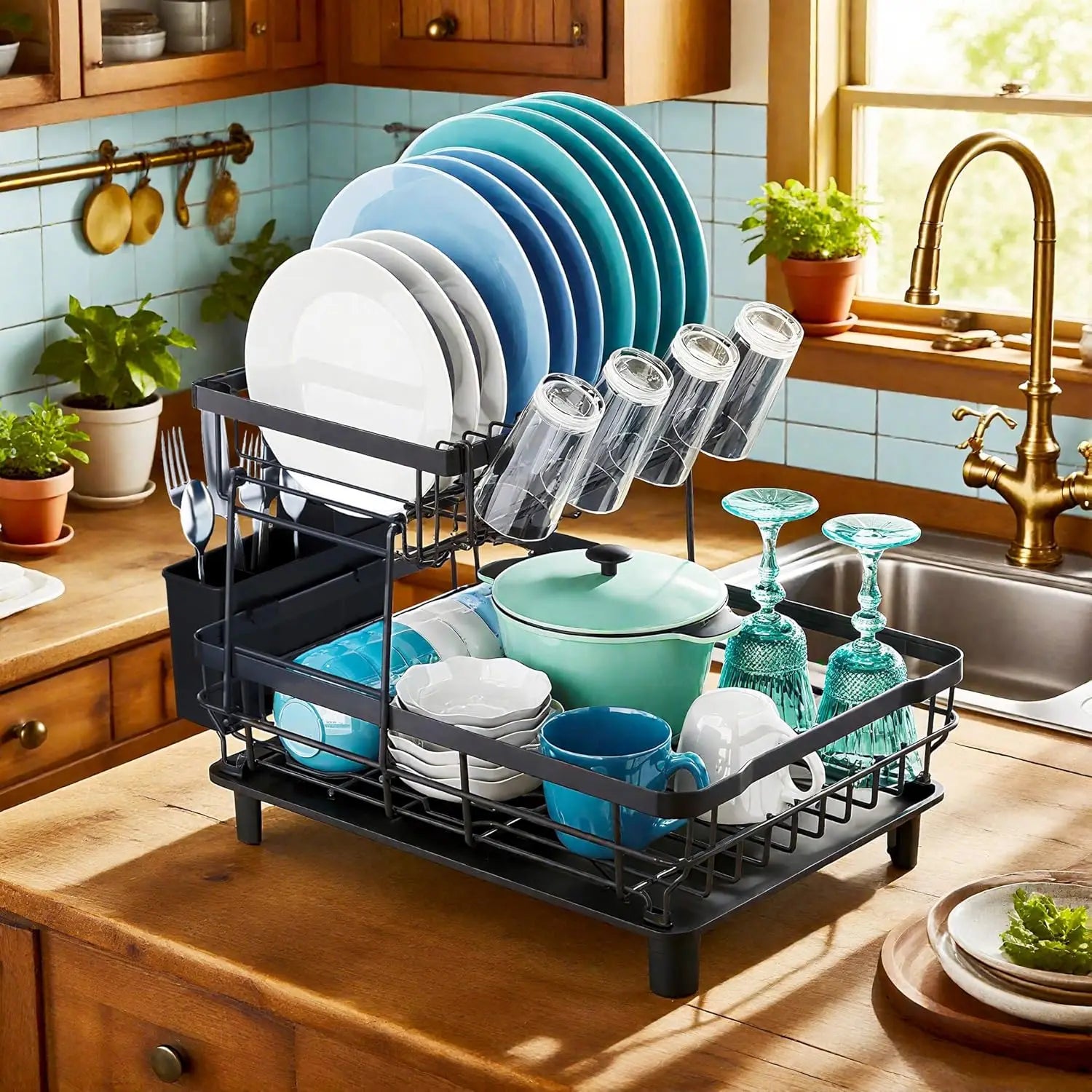 Double-tier automatic draining dish rack, kitchen countertop storage rack, suitable for plates and bowls, kitchen utensils