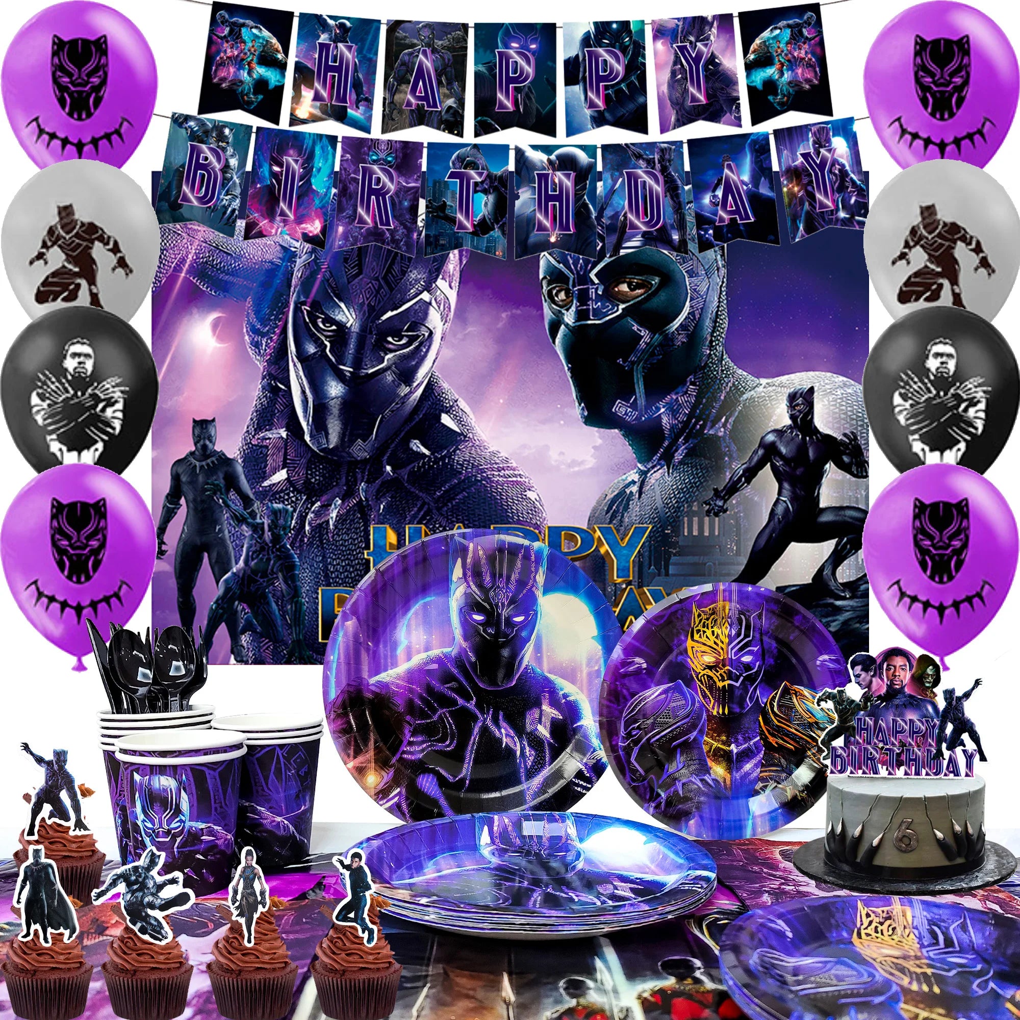 Black Panther Birthday Party Decorations,112 Pcs Black Panther Party Supplies&Tableware-Black Panther Balloons Banner Plates etc