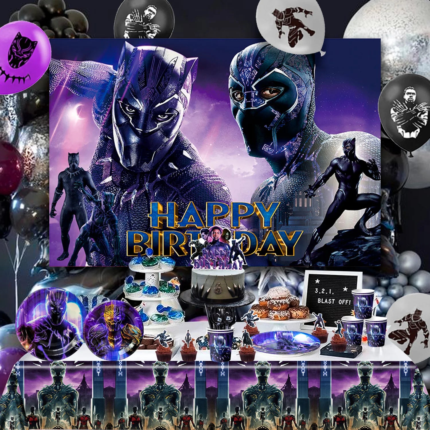 Black Panther Birthday Party Decorations,112 Pcs Black Panther Party Supplies&Tableware-Black Panther Balloons Banner Plates etc