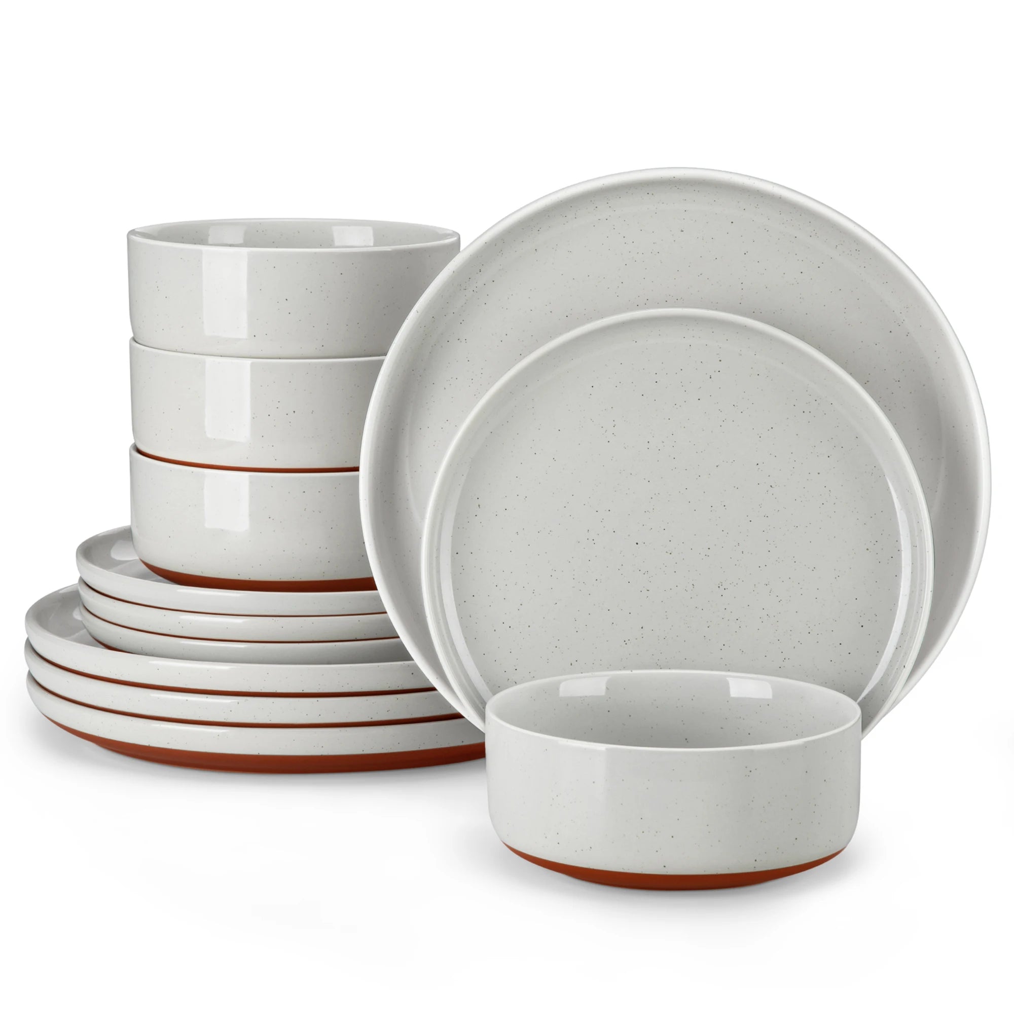 MALACASA TARA 12/24-teiliges Geschirrset, gebogener Rand, Sesamglasur, Steingut-Tellerset mit 4/6 Speisetellern/Desserttellern/Schalen