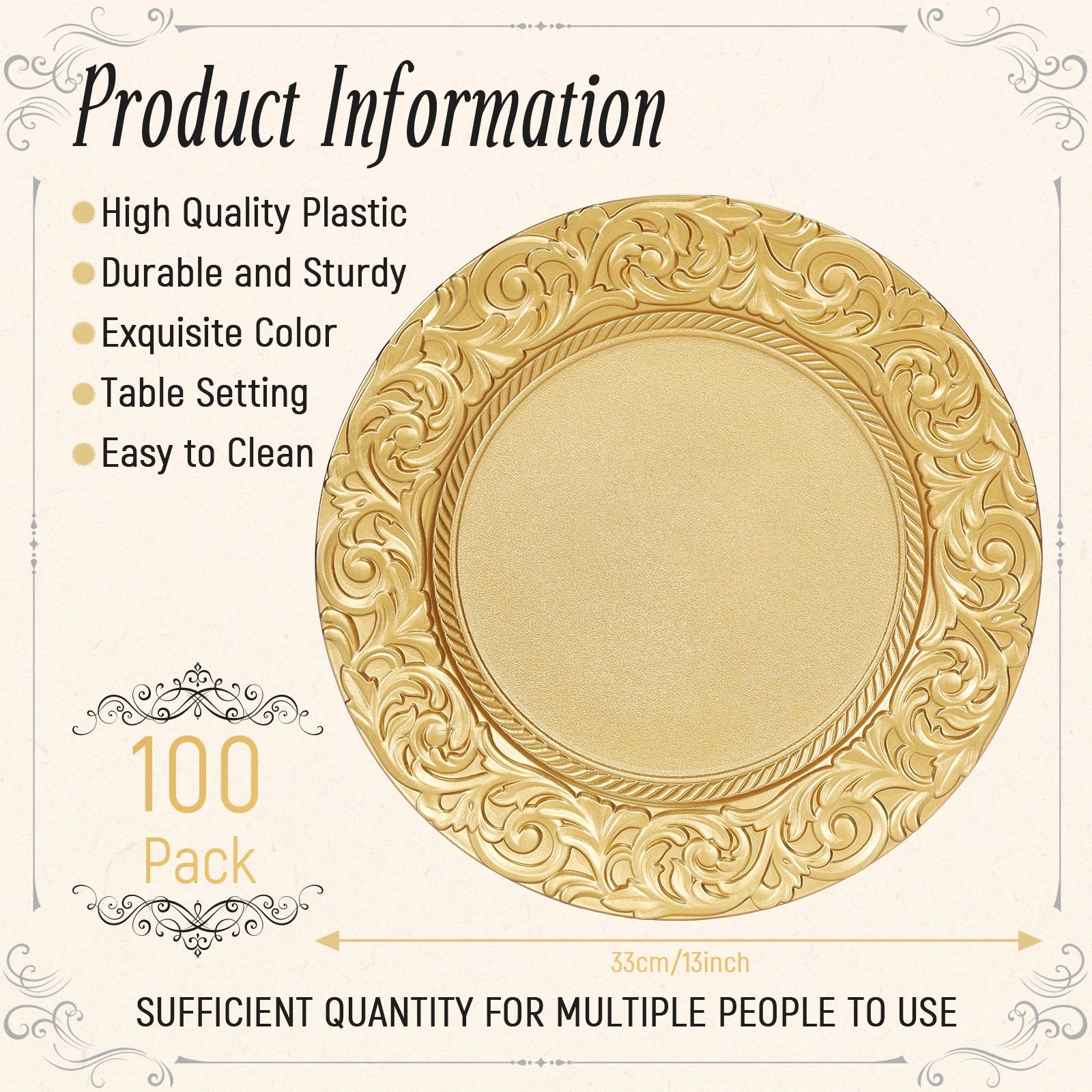 100 Pcs 13in Antique Charger Plates Bulk Plastic Decorative Service Plate with Embossed Rim for Dinner Wedding Party Event Table