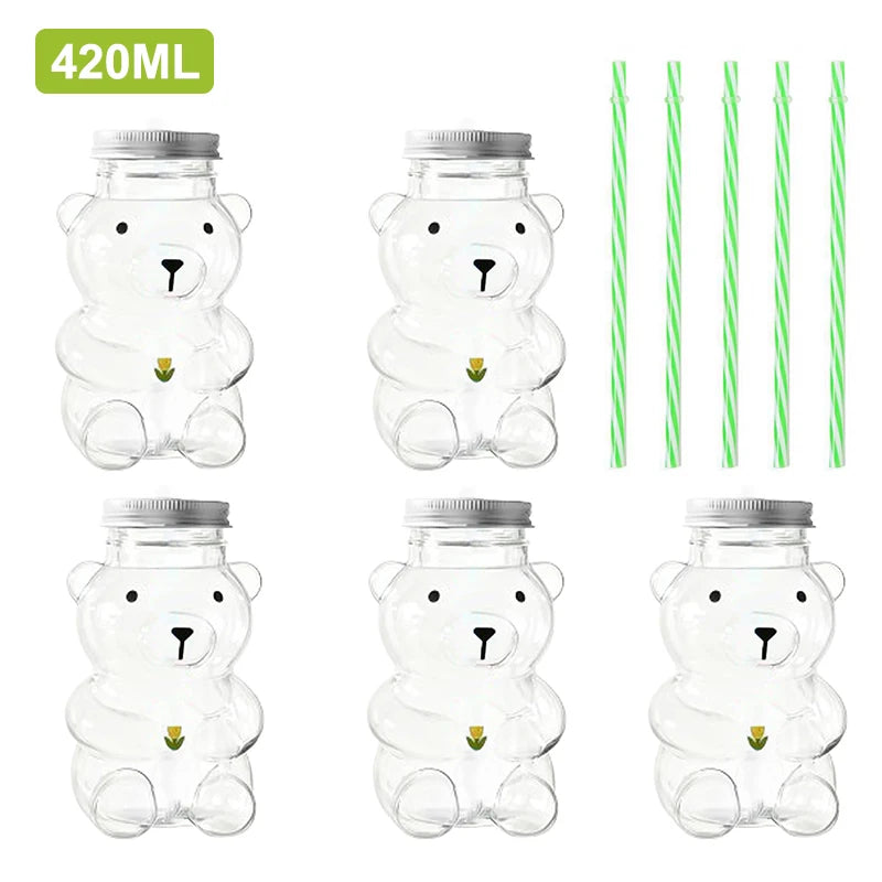 Plastic Bear Cup, Adorable Honeybear Mugs with Straws, Lidded Cups for Drinks