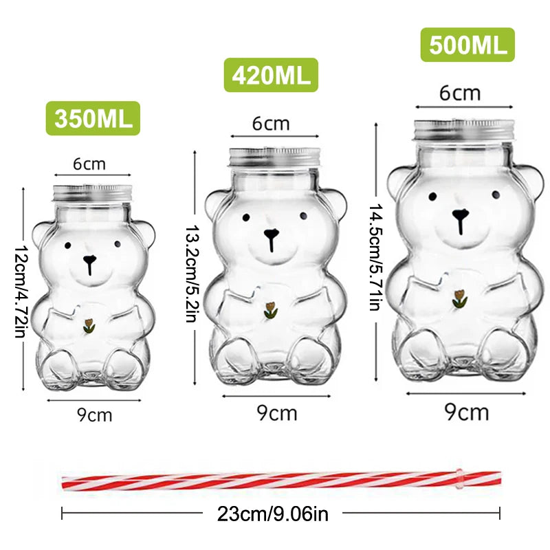 Plastic Bear Cup, Adorable Honeybear Mugs with Straws, Lidded Cups for Drinks