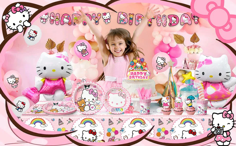 124 Pcs Sanrio Hello Kitty Party Decorations&Tableware-Kitty Plates Backdrop Balloon Banner etc Hello Kitty Birthday Decorations