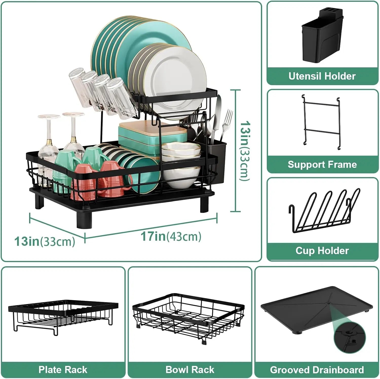 Double-tier automatic draining dish rack, kitchen countertop storage rack, suitable for plates and bowls, kitchen utensils