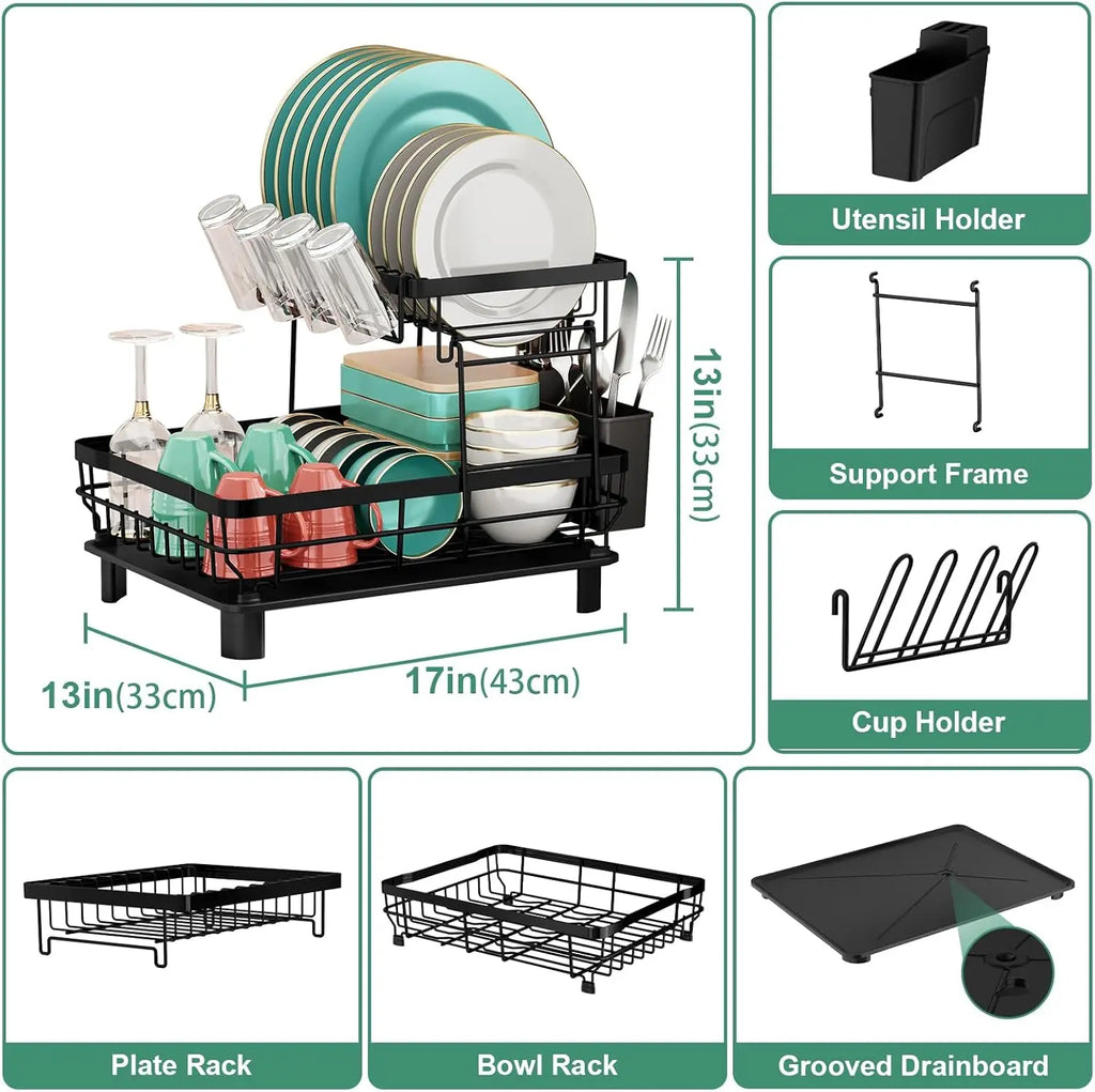 Double-tier automatic draining dish rack, kitchen countertop storage rack, suitable for plates and bowls, kitchen utensils