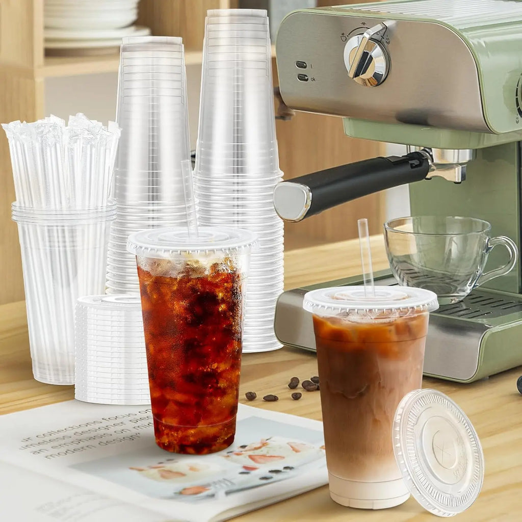 40/80 Pack 16oz/500ml Clear Plastic Cups with Lids and Straws, Disposable Plastic Coffee Cups with Lids