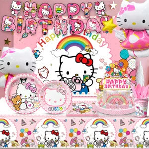 124 Pcs Sanrio Hello Kitty Party Decorations&Tableware-Kitty Plates Backdrop Balloon Banner etc Hello Kitty Birthday Decorations
