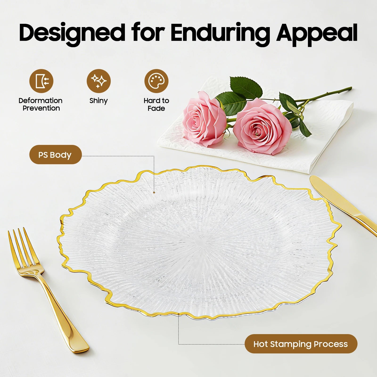 Serving Charger Plates 25 Pack Gold Rim Transparent Plastic 32cm for Wedding Birthday Holiday Party Dessert Display Easy Clean