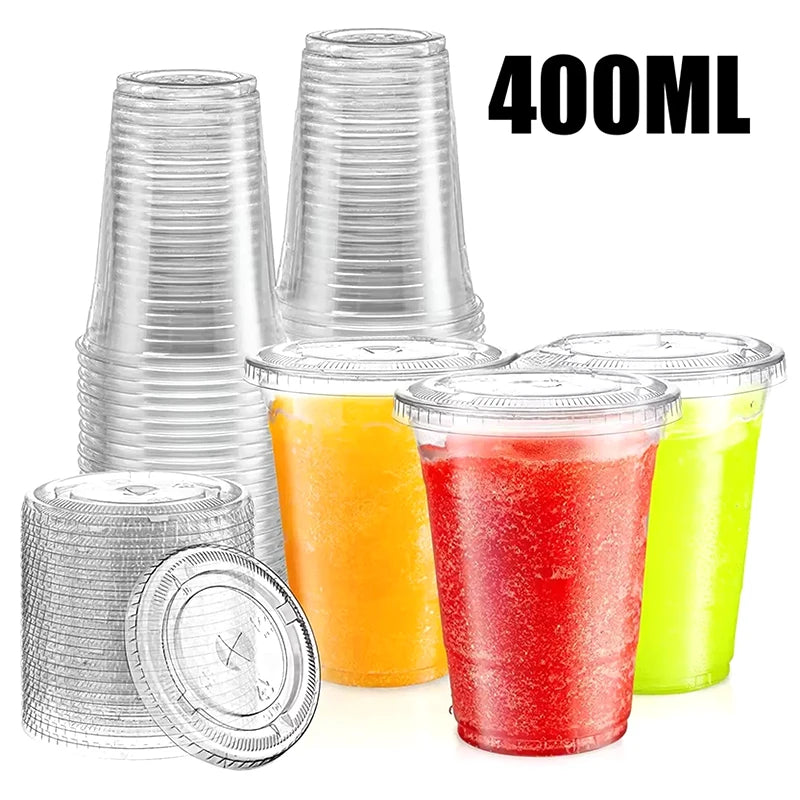 Plastic Disposable Cups with Lid Clear Cold Drink Containers for Fruit Juice Milk Tea Iced Coffee Ice Cream Dessert Party Café