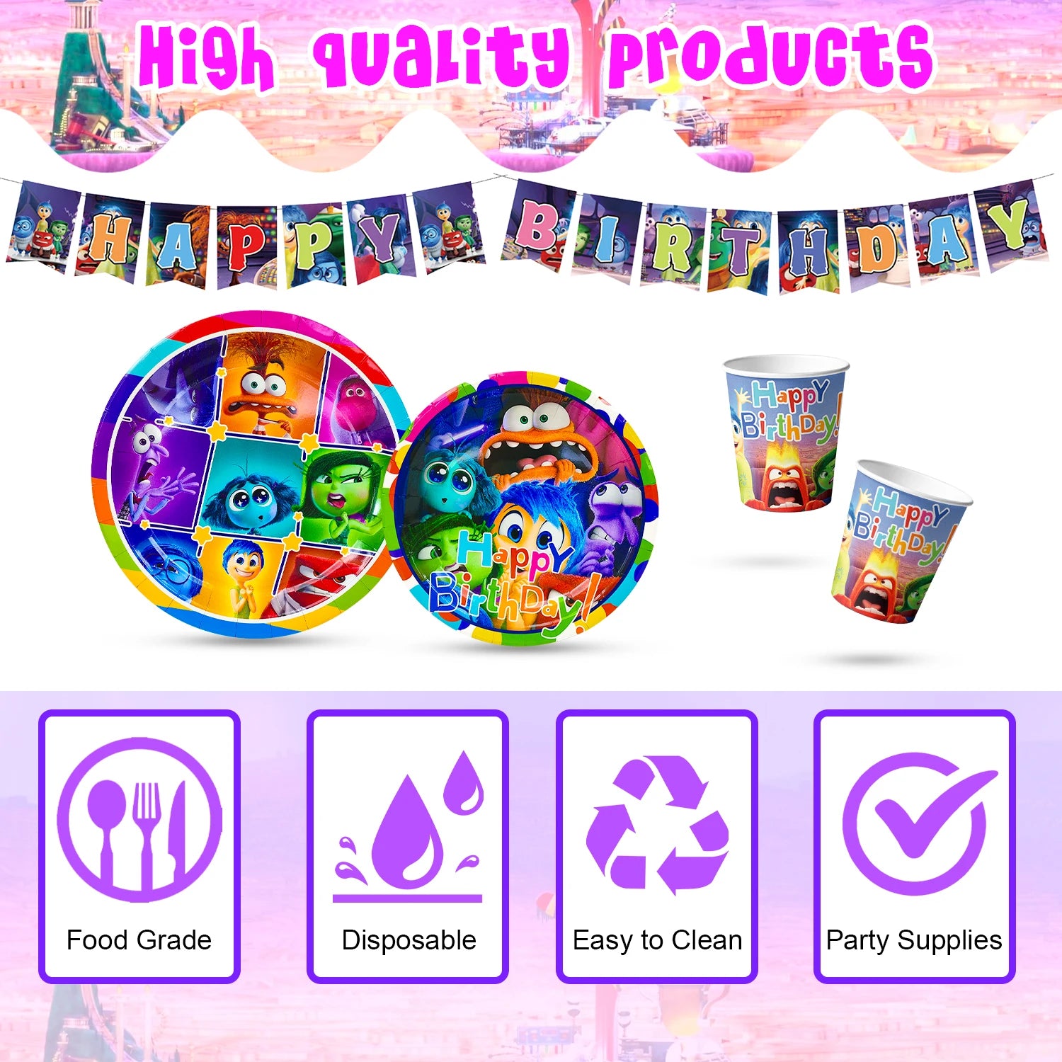 Inside Out Birthday Decorations,98pcs Inside Out Party Supplies&Tableware-Plates Banner Balloon etc Inside Out Party Decorations