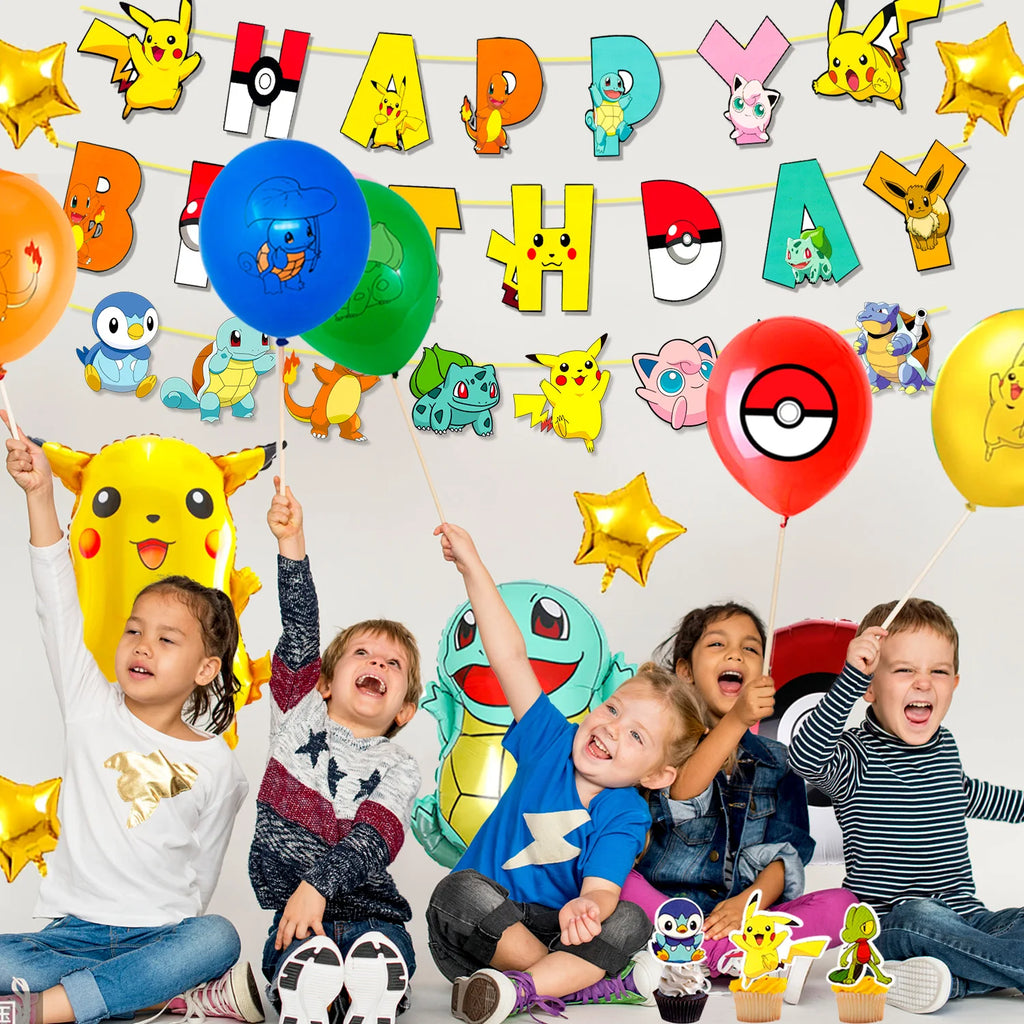 Pikachu Party Decorations,136pcs Pokemon Birthday Party Supplies-Banner Balloons Plates Napkins etc Pokemon Birthday Decorations