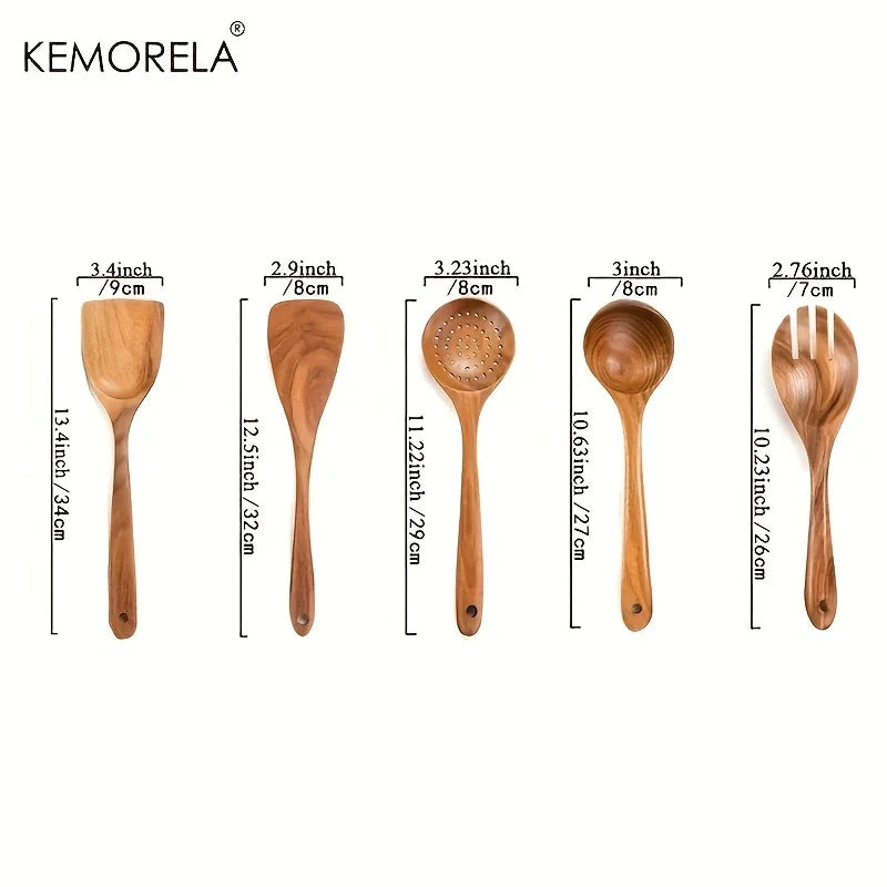 5-Piece Teak Wood Cooking Utensil Set – Spoon, Ladle & Turner