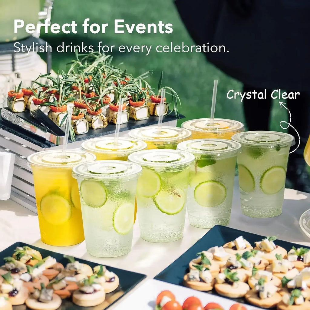 Disposable Plastic Cup With Lid, Perfect For Weddings, Birthdays, Parties, Camping, Smoothies, Milkshakes And Coffee