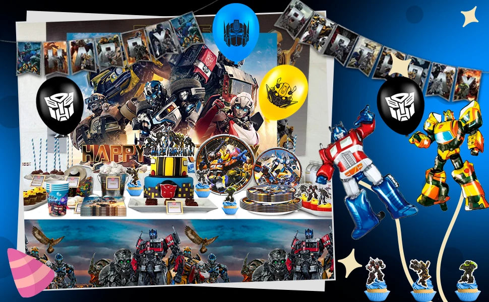 Transformers Birthday Party Supplies,114pcs Transformers Birthday Party Tableware-Transformers Plates Tablecloths Banners etc