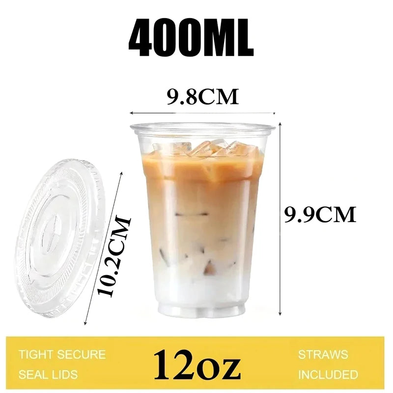 Plastic Disposable Cups with Lid Clear Cold Drink Containers for Fruit Juice Milk Tea Iced Coffee Ice Cream Dessert Party Café
