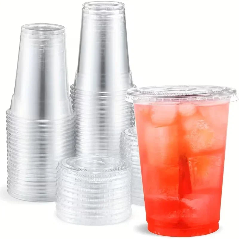 12/16oz Clear Plastic Cups with Lids Disposable, Leak Proof, Non-Slip, Break Resistant for Cold Drinks, Smoothies, Milkshakes