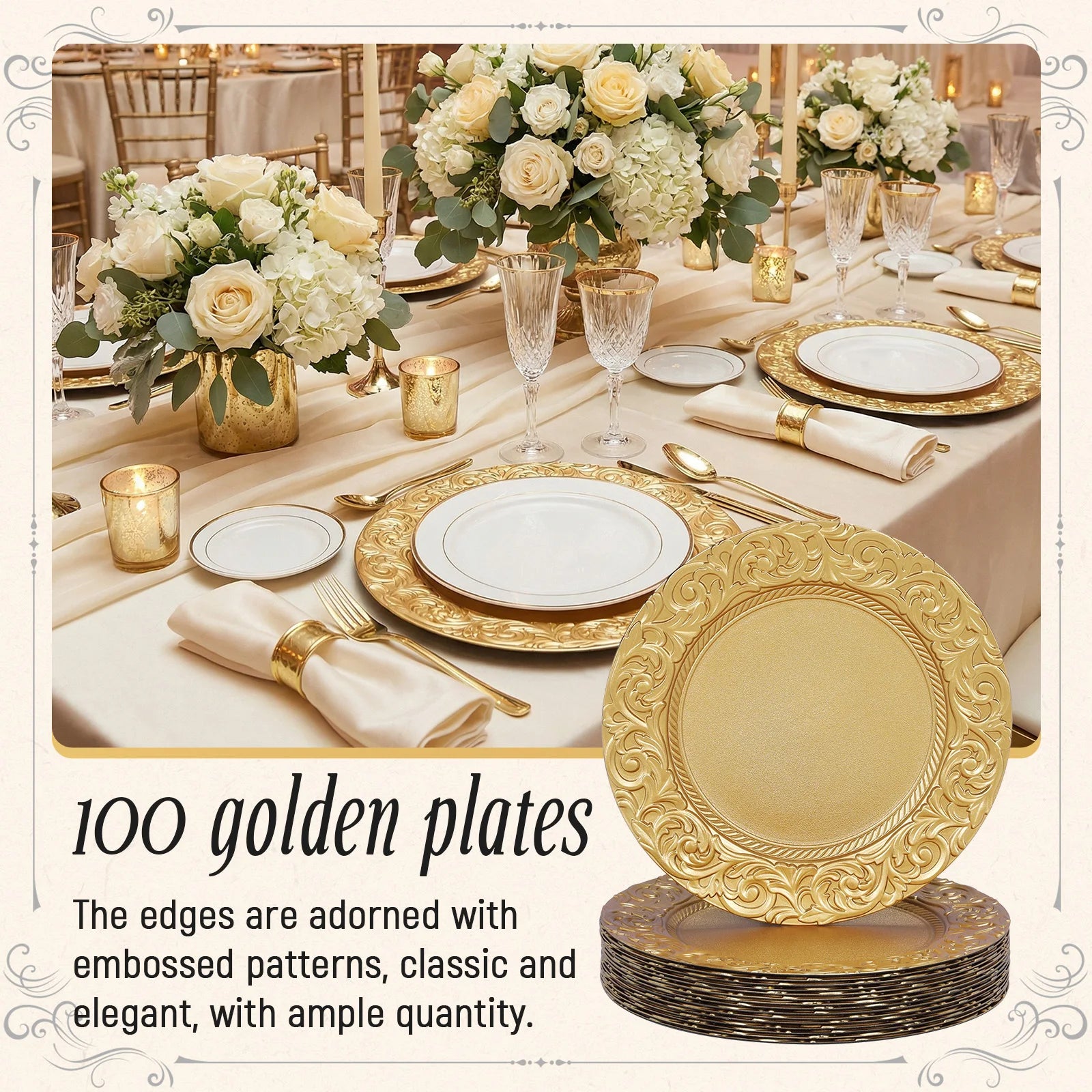 100 Pcs 13in Antique Charger Plates Bulk Plastic Decorative Service Plate with Embossed Rim for Dinner Wedding Party Event Table