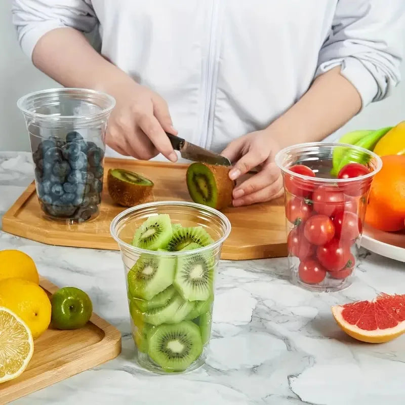 Plastic Disposable Cups with Lid Clear Cold Drink Containers for Fruit Juice Milk Tea Iced Coffee Ice Cream Dessert Party Café