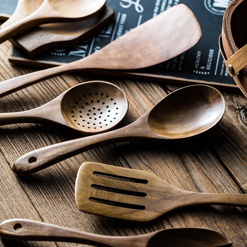 DecorBites 9-Piece Teak Wooden Cooking Utensils Set with Holder