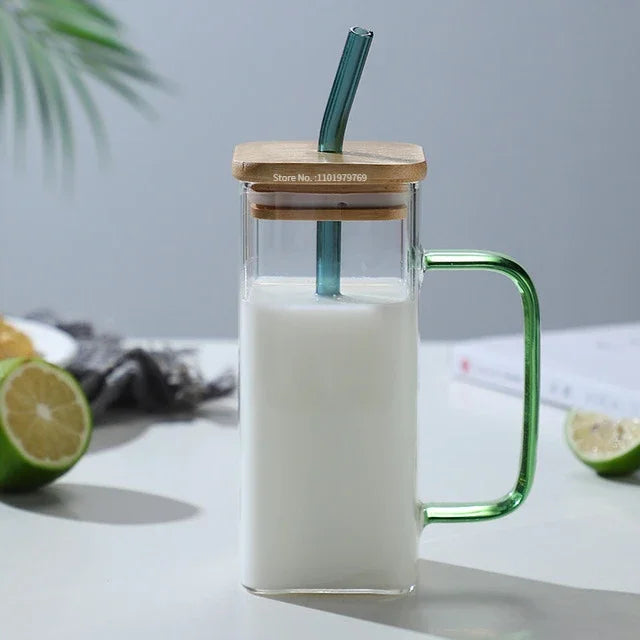 DecorBites 350ml Square Mug with Lid & Straw – Colored Handle Glass