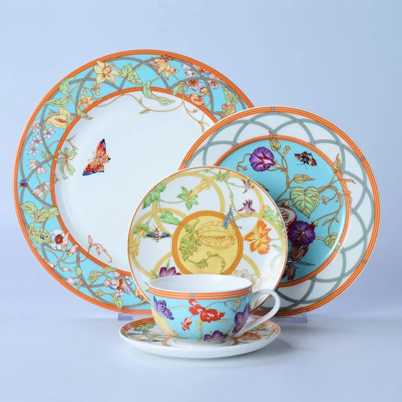 DecorBites Bone China Dinnerware Set – Plate, Tea Cup, Saucer & Tray