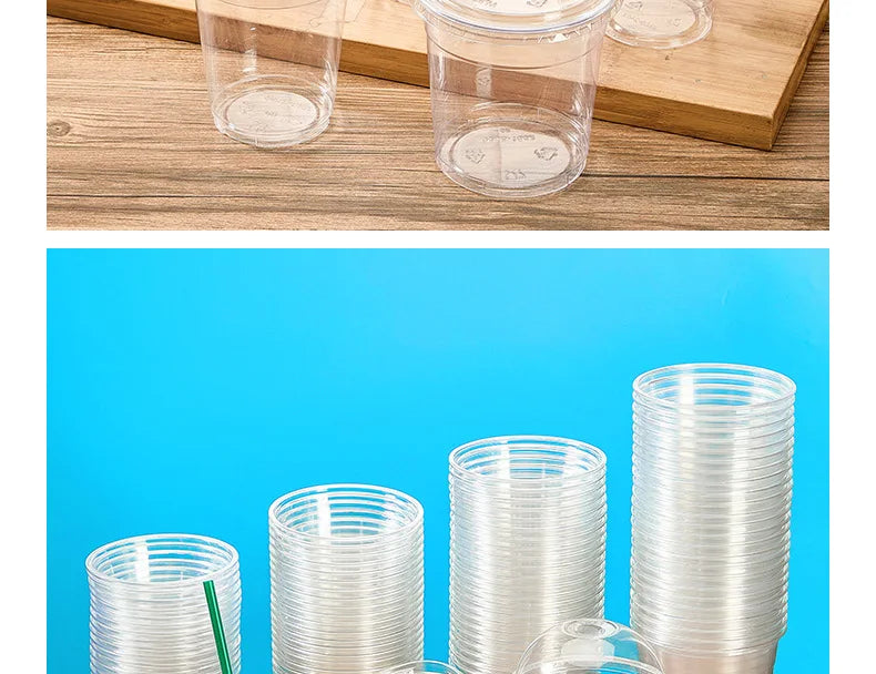 50PCS Disposable Plastic Cups with Lid Takeaway Ice Coffee Cold Drink Water Cups Takeout Transparent Cups for Shop Picnic Party