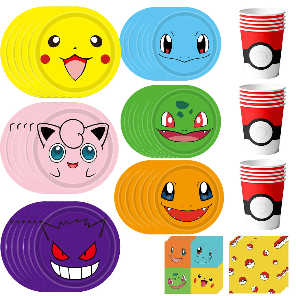 Pokemon Party Supplies,120 Pcs Pokemon Birthday Party Tableware Set-Pokemon Plates Napkins Cups etc Pokemon Birthday Decorations