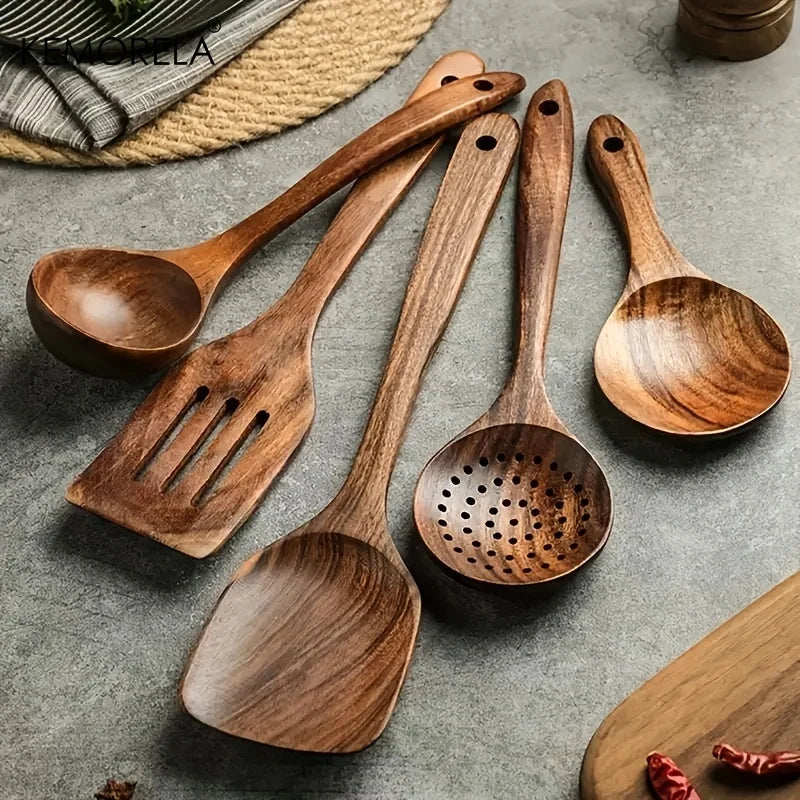 5-Piece Teak Wood Cooking Utensil Set – Spoon, Ladle & Turner