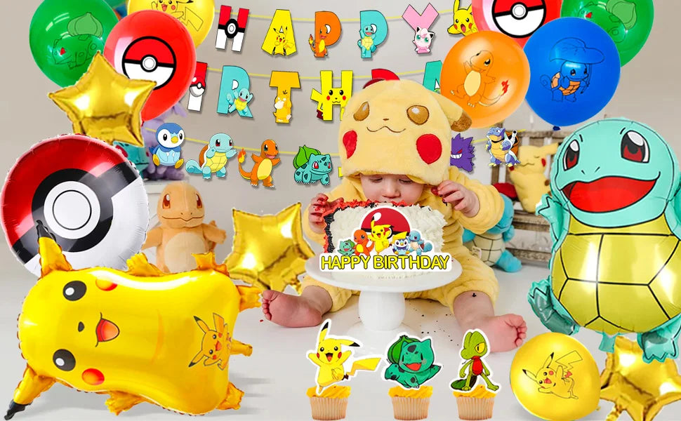 Pikachu Party Decorations,136pcs Pokemon Birthday Party Supplies-Banner Balloons Plates Napkins etc Pokemon Birthday Decorations