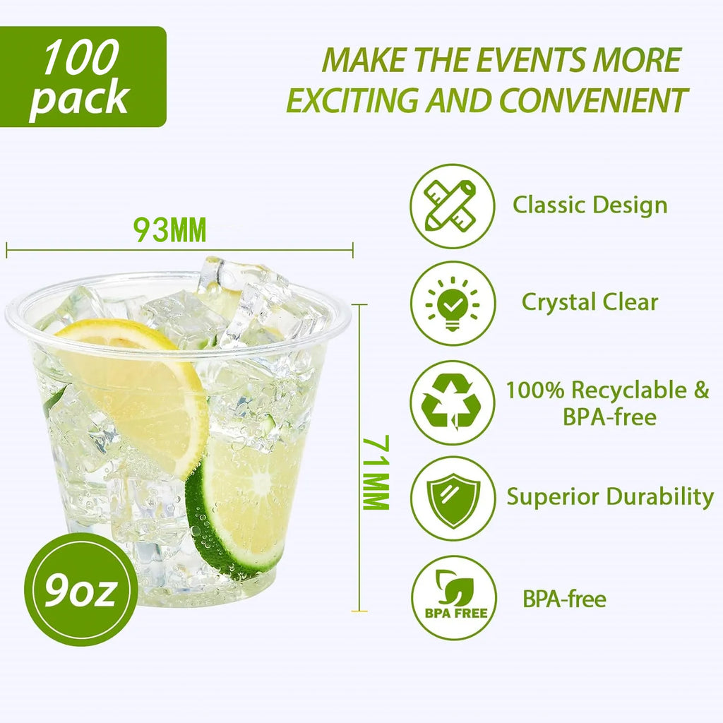 100 Pack 9 oz Clear Plastic Cups, 9 Ounce Disposable Plastic Drinking Cups, Crystal Clear PET Plastic Cups for Parties, Wedding