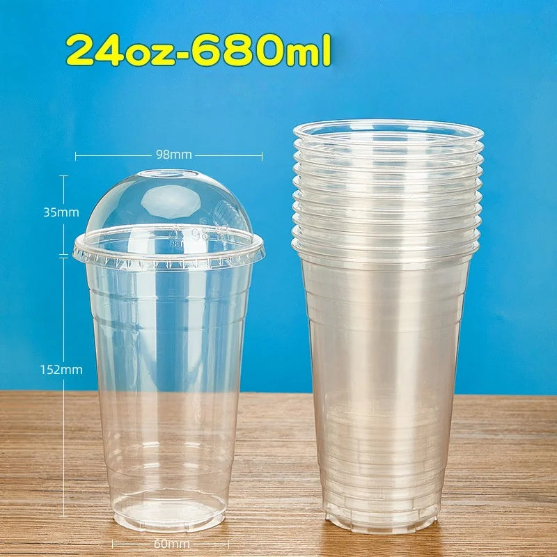 50PCS Disposable Plastic Cups with Lid Takeaway Ice Coffee Cold Drink Water Cups Takeout Transparent Cups for Shop Picnic Party