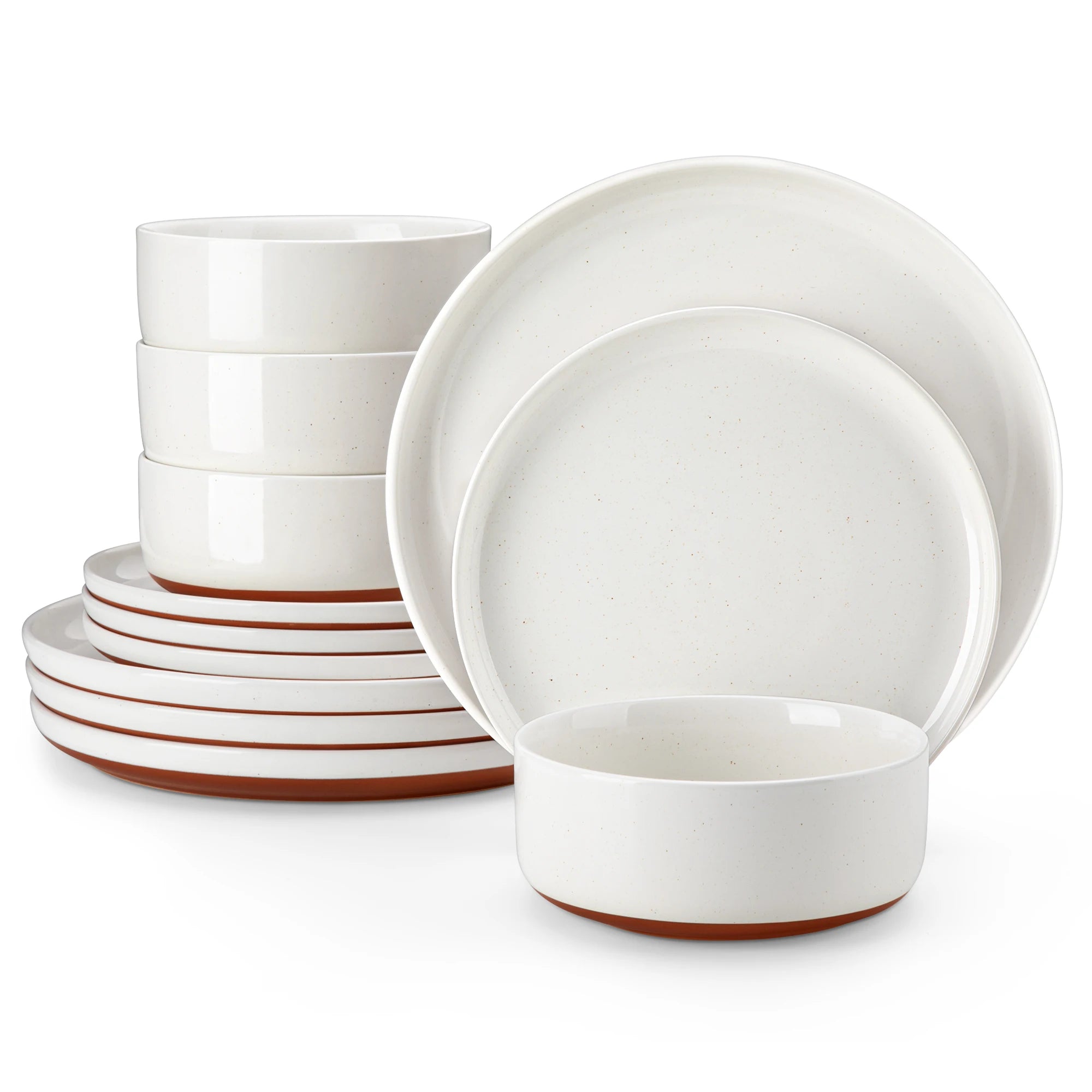 MALACASA TARA 12/24-teiliges Geschirrset, gebogener Rand, Sesamglasur, Steingut-Tellerset mit 4/6 Speisetellern/Desserttellern/Schalen
