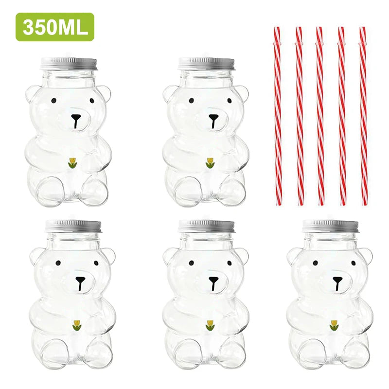 Plastic Bear Cup, Adorable Honeybear Mugs with Straws, Lidded Cups for Drinks