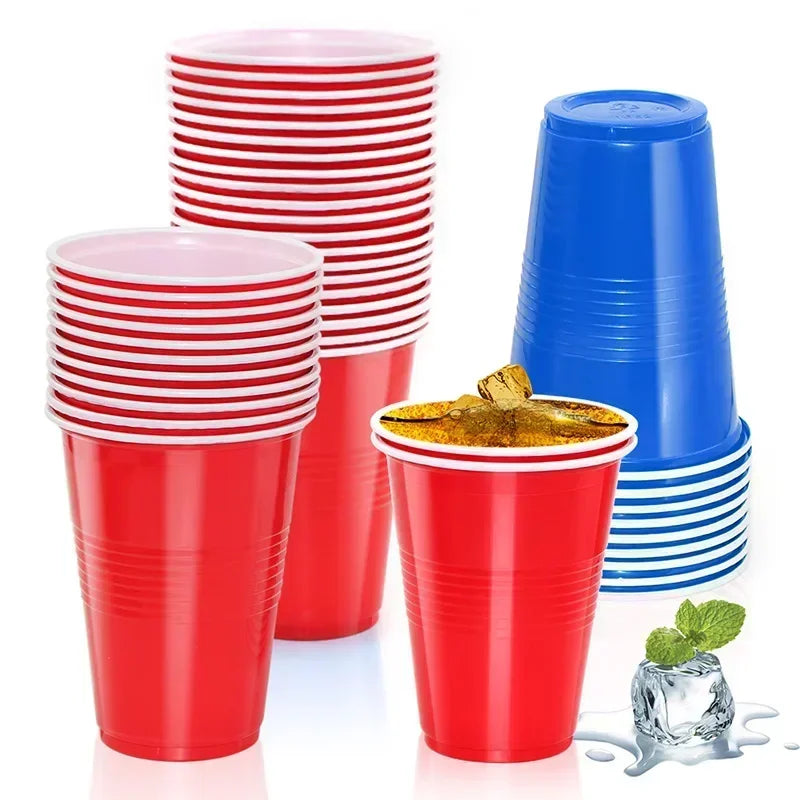50Pcs Plastic Party Cups 16-Ounce Plastic Water Cups Recyclable Red Blue Cups with Fill Lines for Drinks BBQ Picnic Party