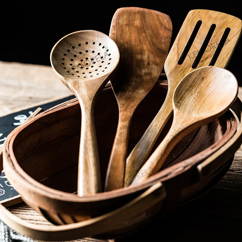 DecorBites 9-Piece Teak Wooden Cooking Utensils Set with Holder