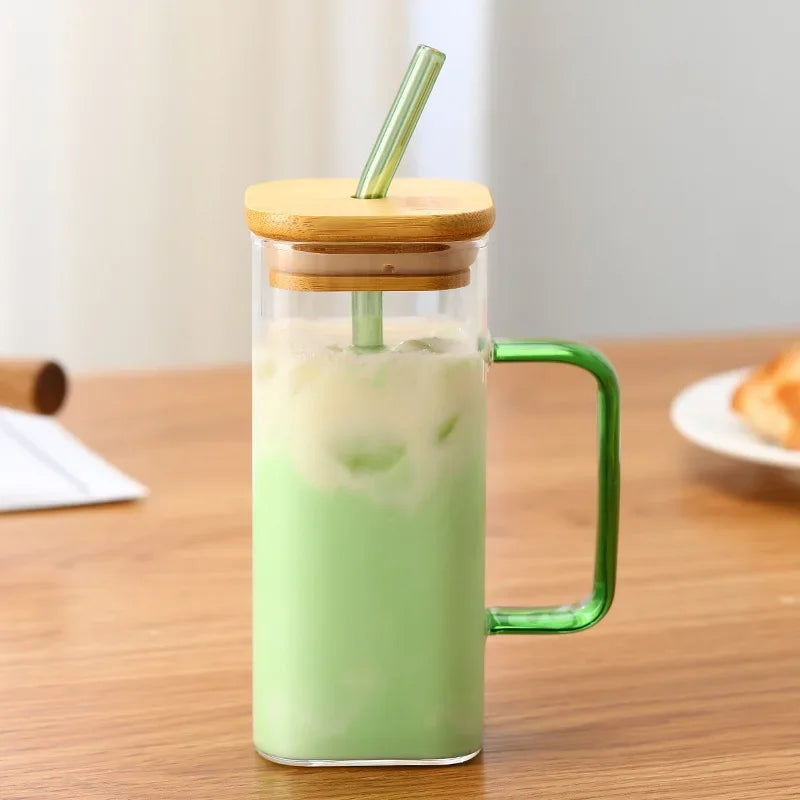 DecorBites 350ml Square Mug with Lid & Straw – Colored Handle Glass