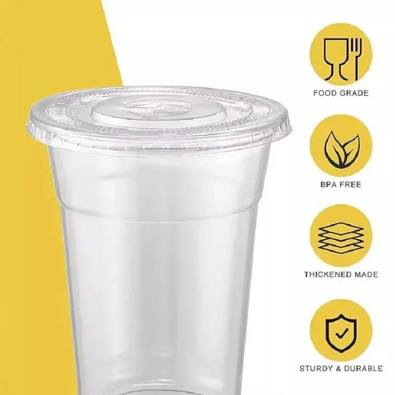 Disposable Plastic Cup With Lid, Perfect For Weddings, Birthdays, Parties, Camping, Smoothies, Milkshakes And Coffee