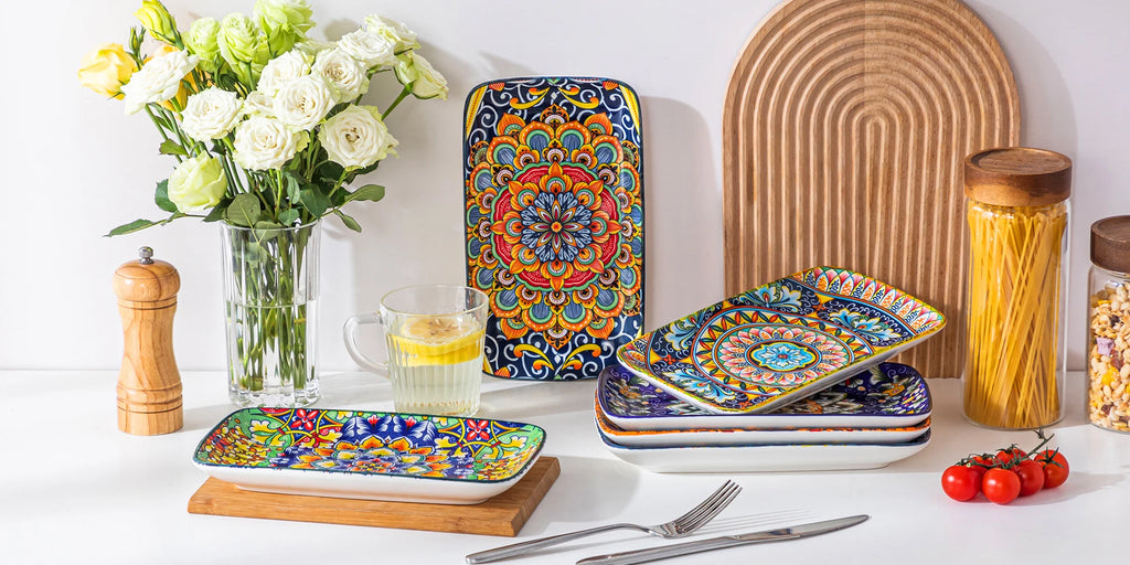 vancasso 6/12 Piece Porcelain Rectangular Serving Plates Bohemian 8.5inch Dinner Plates Set for Beef/Food/Noodles/Pasta 6 People