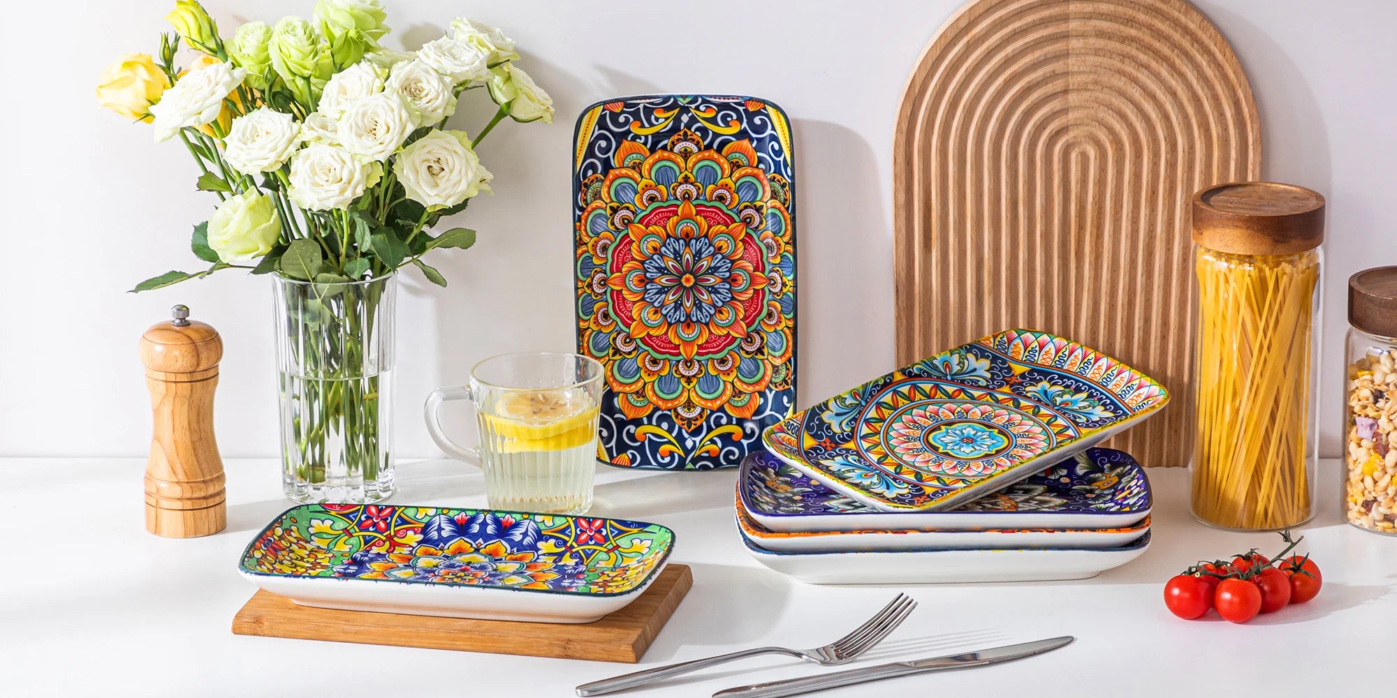 vancasso 6/12 Piece Porcelain Rectangular Serving Plates Bohemian 8.5inch Dinner Plates Set for Beef/Food/Noodles/Pasta 6 People